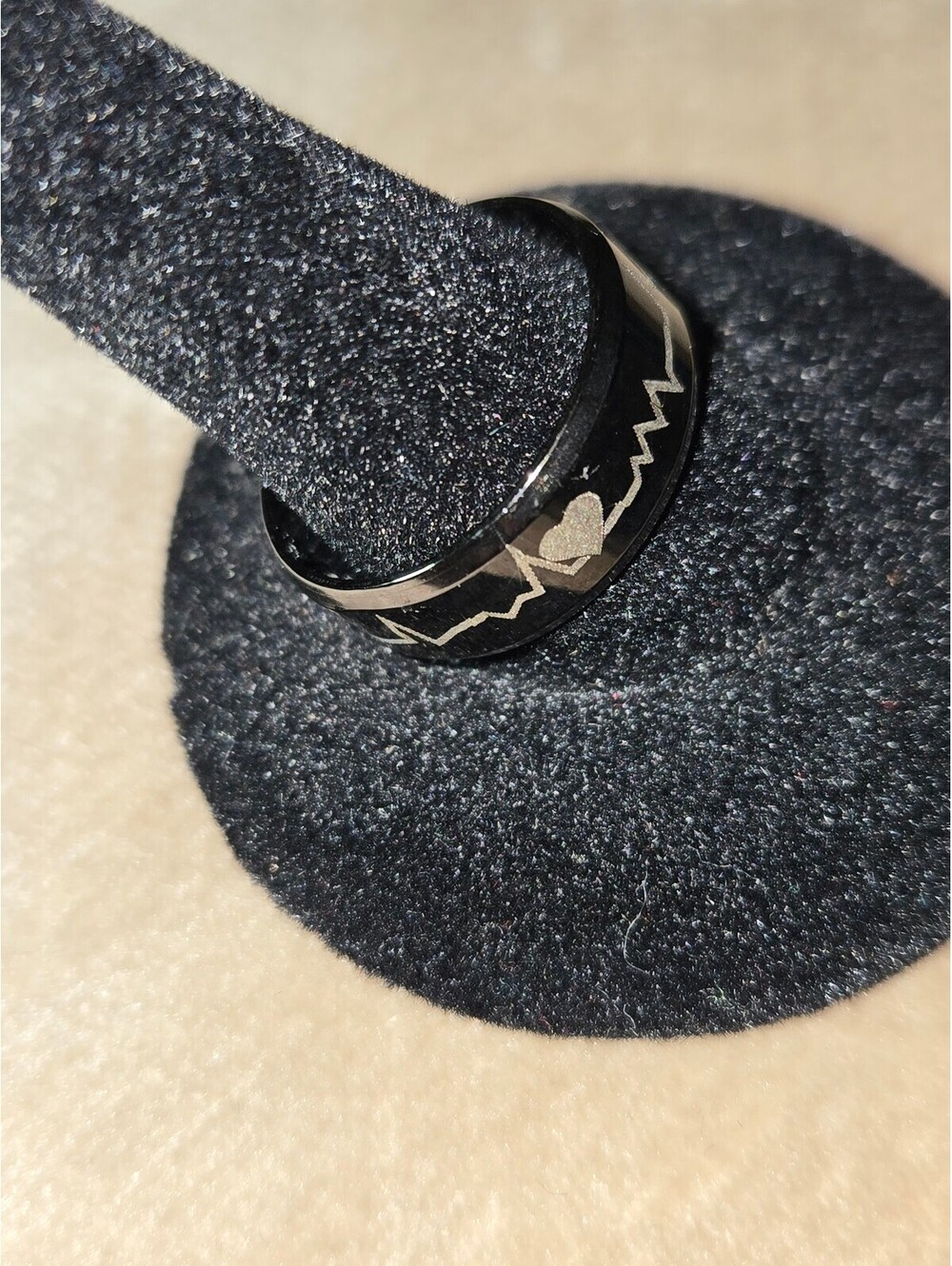 New Black Stainless Steel Heartbeat Design Ring Contemporary Style 7.5